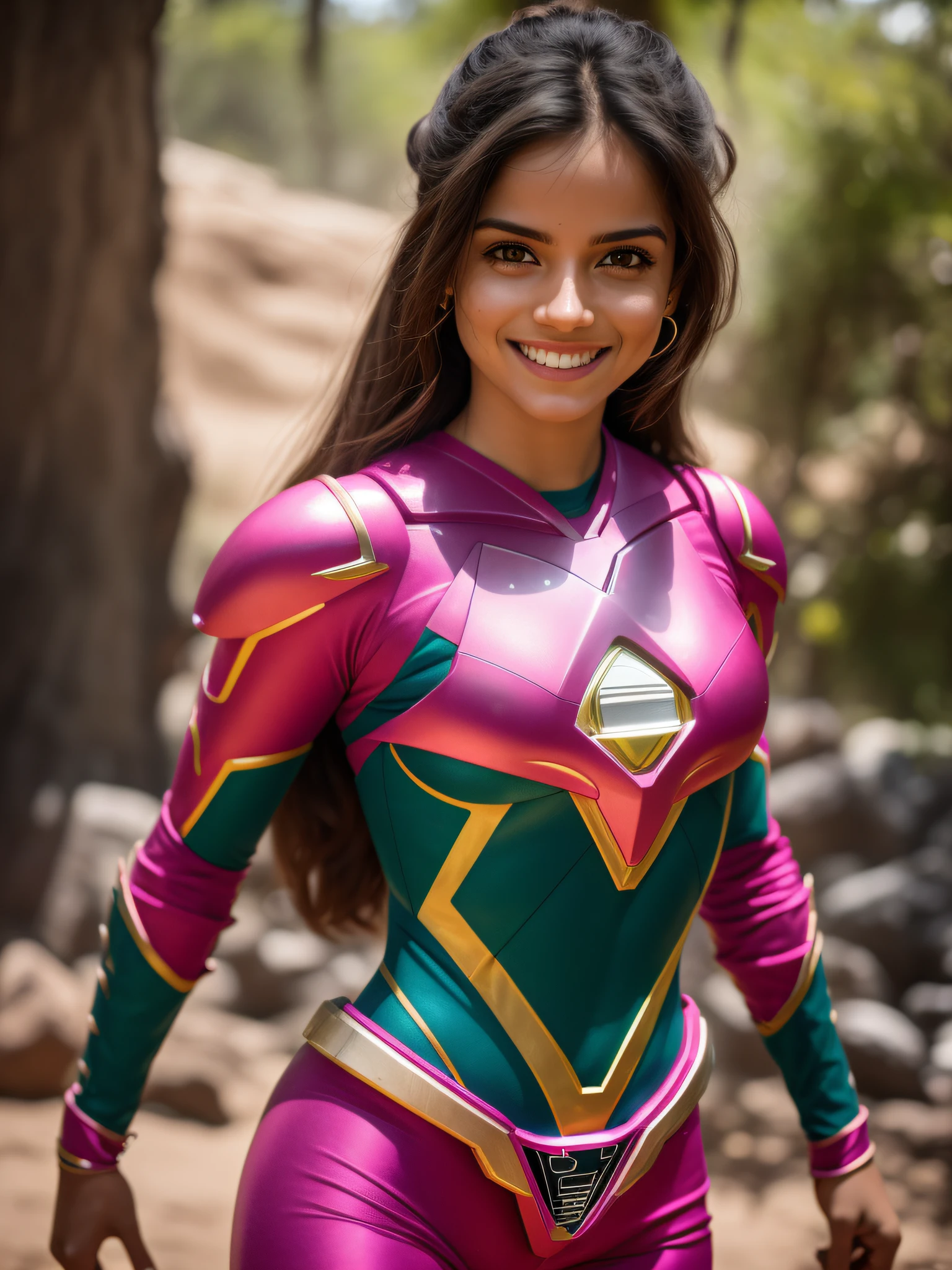 uma mulher, ((Power Ranger Rosa)), (inspirada em Hunter Deno:1.2), 8k UHD, DSLR, grain of film, fotorrealista, foco nítido, posing for camera, auto retrato de rosto, smiling at camera.