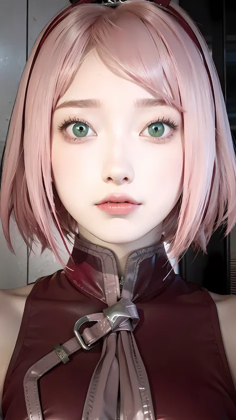 1girl, haruno sakura, pink hair, green eyes, short hair, red clothes, big breasts, realistic, ultra detail, indoor background