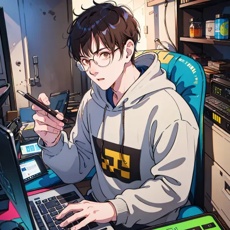 Working on a laptop、A dark-haired、brown-eyed、Adult man wearing grey hoodie sweatshirt、Mid-30s、独奏、manly、robust、Only one person、Ro...