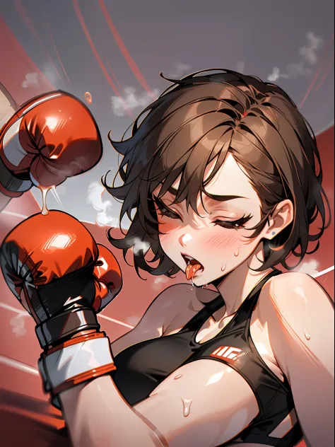 Mature female boxer、Ponytail with black hair、Brown-skinned、Black sports bra  and shorts、Boxing gloves、With keen eyes、Boxing stance、waist line、 - SeaArt  AI