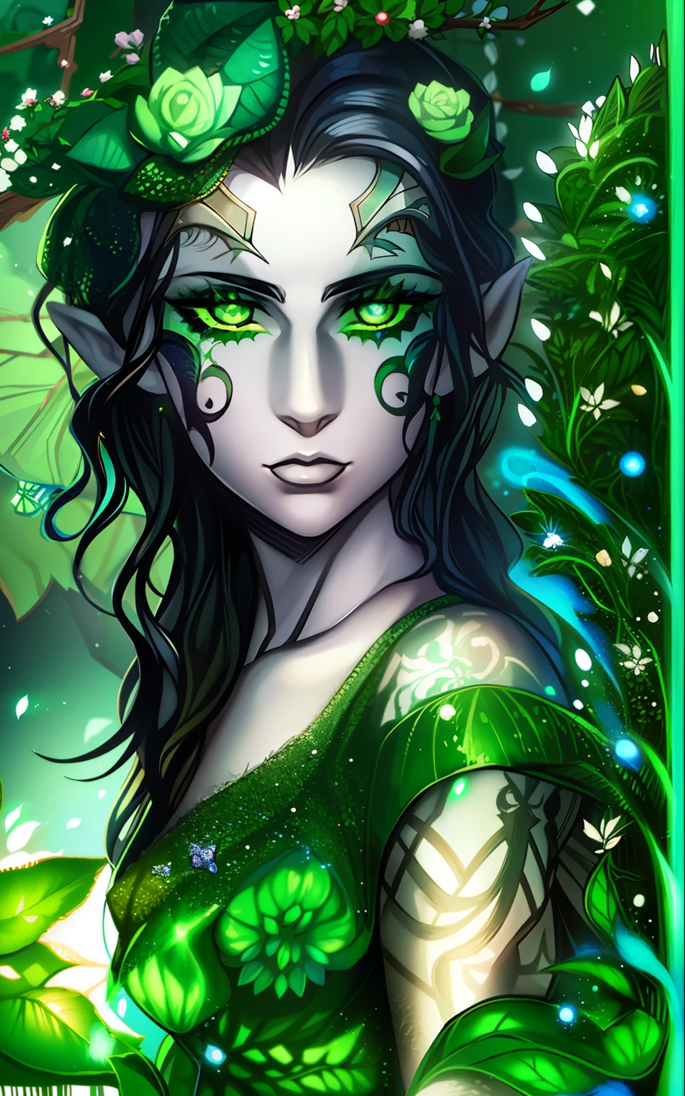 um elfo com pele branca pálida, cabelo preto ondulado, olhos verdes, com tatuagens faciais verdes, usa um vestido que parece ser feito de plantas