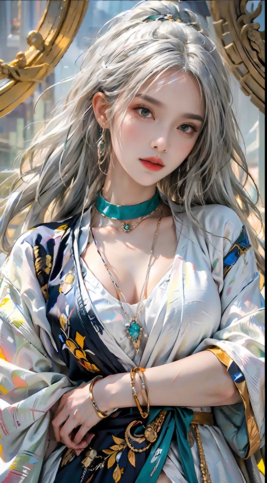 Photorealistic, high resolution, 1womanl, Solo, Hips up, view the viewer, (The face texture is rich，Full of detail), White hair, Long hair, colorful robes,high-necksweater, midjourney portrait, jewelry，Large breasts，Emerald necklace，High silver ponytail，The upper part of the body