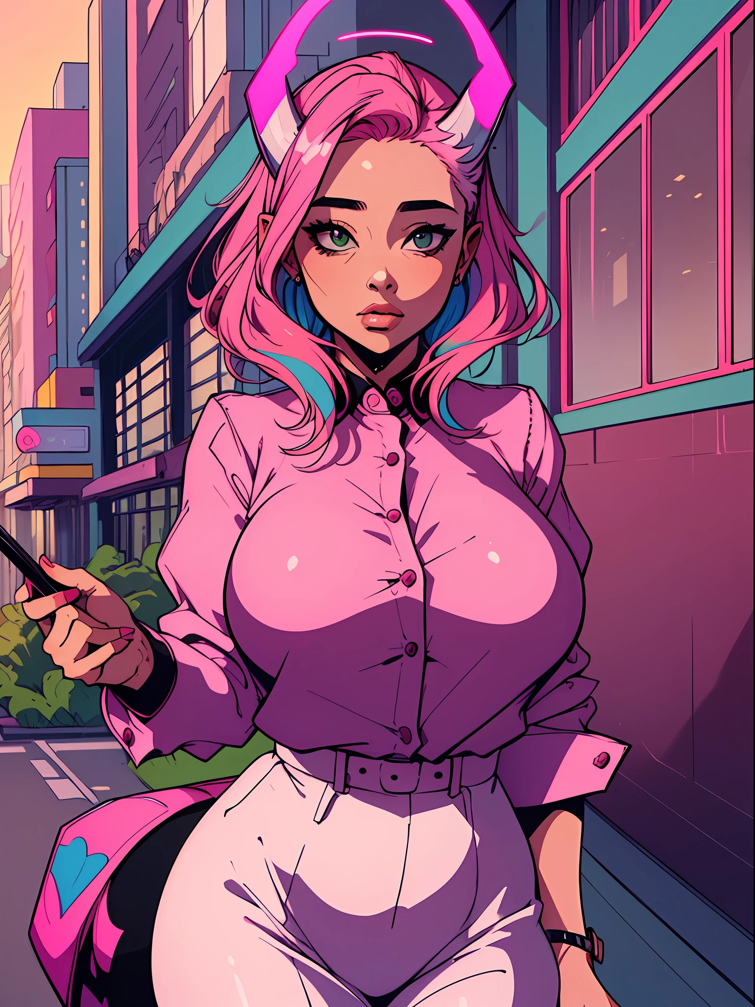 ((Masterpiece, Best)), (1girl), ((Trendy Girl)), Light Pink Hair, Halo, Horn, ((Office Lady)), Bangs, Mid-breasted, (Plump), Slim, Colorful Hair Color, Trendy Clothing, Street Culture