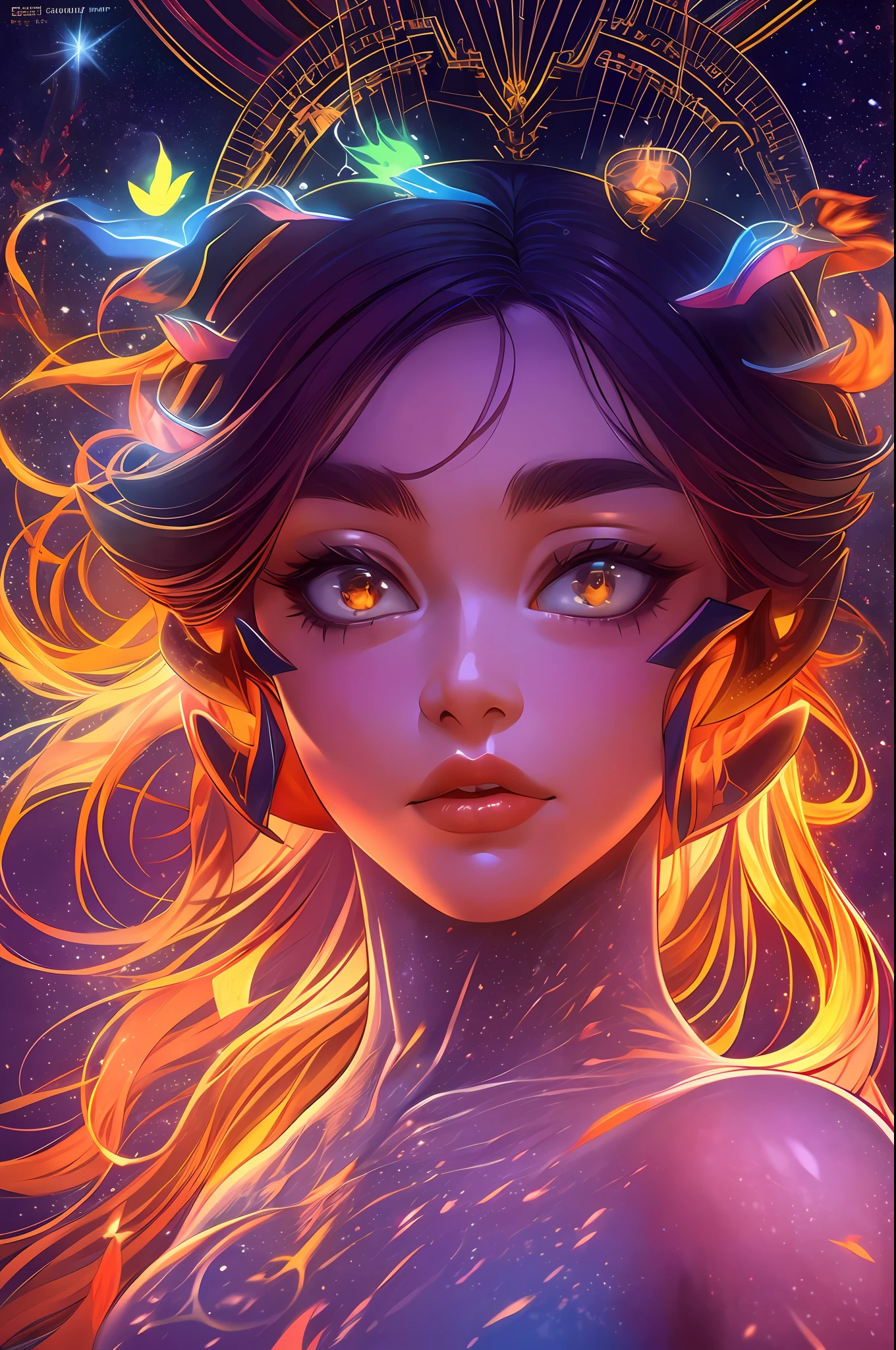 ((best quality)), ((masterpiece)), ((realistic)), portrait, 1girl, celestial, deity, goddess, light particles, halo, looking at viewer, (bioluminescent:0.95) flame, bioluminescence, phoenix, Vibrant, Colorful, Color, (Glow, Glow), (Beautiful Composition), Cinematic Lights, Intricate, (Symmetry: 0.5), Whimsical, Alien Planet