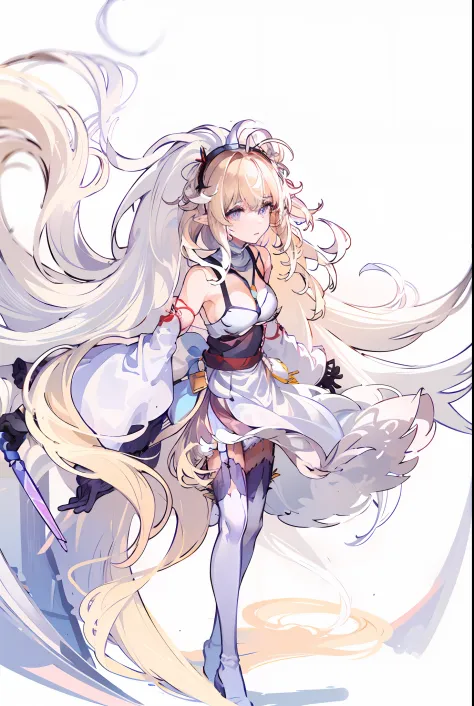 anime big breast，Best quality at best，highly  detailed，tmasterpiece，ultra - detailed，独奏，（1girl），（Elaborate Eyes），（white backgrounid：1.3），lily_\（florals\），saber_lily，blonde_hair，ahoge，blue_eyes，white_gloves，lacepantyhose，hair_bow , white dresses, wariza,