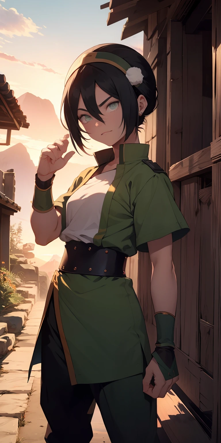 absurd resolution, alta resolução, (obra-prima: 1.4), ultra-detalhado,Monte uma imagem de um wallpaper com Toph Beifong, a poderosa dobradora de terra de olhos cegos, displaying his formidable determination as he bends towering mountains and creates artistically carved waves of earth, with an orange sunset painting the sky in the background.perfect propotion of the hands 4 fingers and a thumb, perfect eye ratio,symmetric eyes,