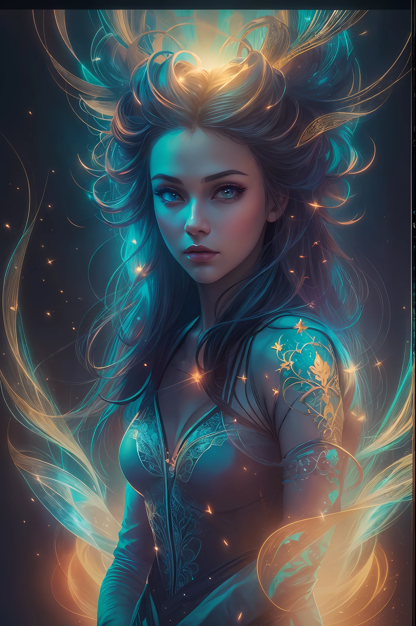 ((melhor qualidade)), ((obra de arte)), ((realista)), Retrato, 1 garota, celestial, divindade, Deusa, partículas de luz, aréola, Olhando para o visualizador, (bioluminescent:0.95) flame, Bioluminescência, Fénix, vibrante, corful, cor, (brilho, brilho), (bela composição), luzes cinematográficas, intricado, (Simetria: 0.5), Excêntrico, planeta alienígena