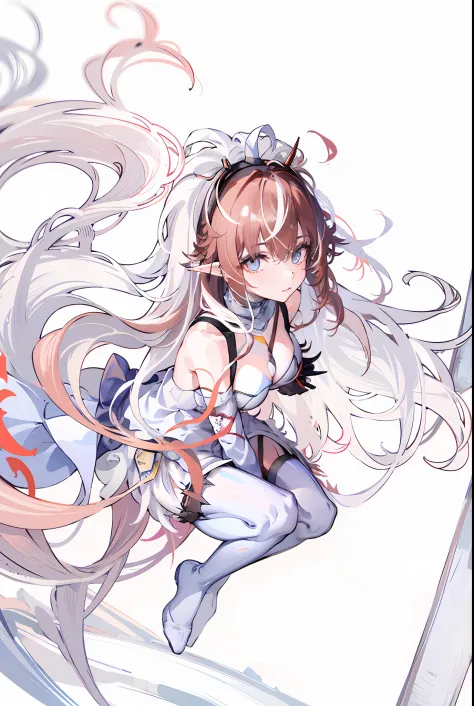 anime big breast，Best quality at best，highly  detailed，tmasterpiece，ultra - detailed，独奏，（1girll），（Elaborate Eyes），（white backgrounid：1.3），Lily_\（florals\），saber_Lily，Brownish-red hair_Hair，ahoge，Blue_Eyes，White_mitts，lacepantyhose，Hair_bow , white dresses,...