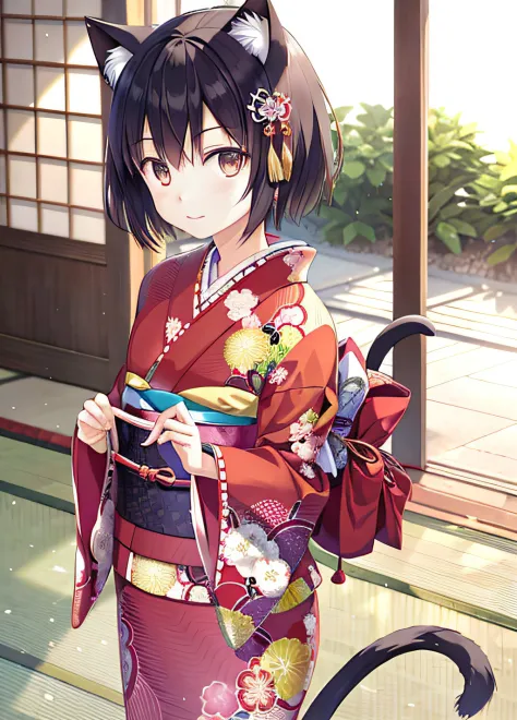 Cat ears, Japanese kimono, Cute girl, Short, anime, 3D