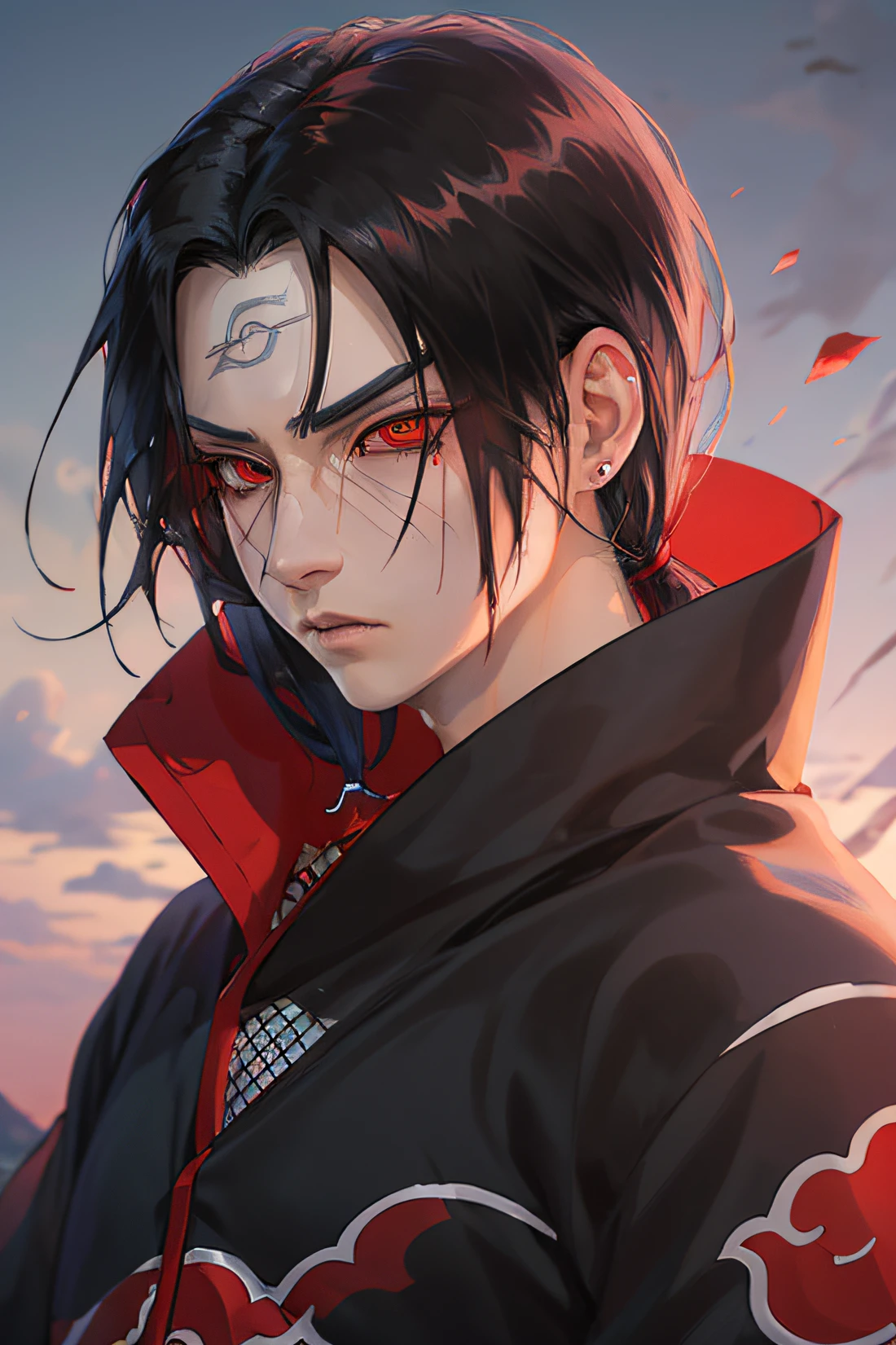 (obra-prima, melhor qualidade: 1.2), tema vermelho, tiro de cowboy, solo, foco masculino, 1boy, uchiha itachi, expression of anger,, olhando para o espectador, protetor de testa, ninja, capa, gola alta, joias, colar