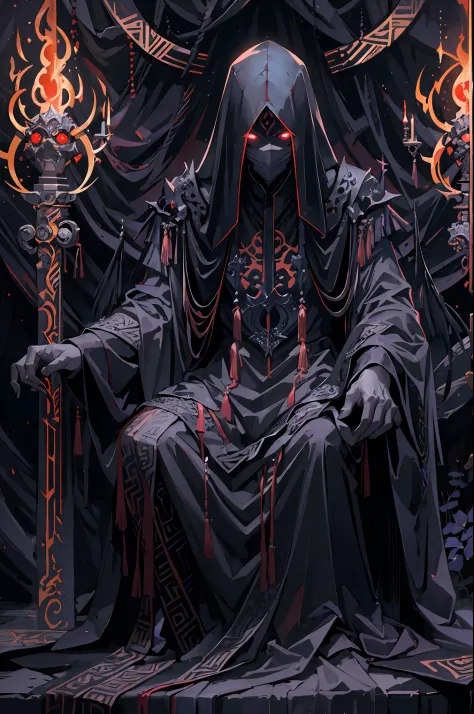 Hellbringers，femele，Dressed in a black robe，Mask carved mysterious pattern，Eyes flashing with cold light，Fingers are long and beautiful，The voice is deep and beautiful，Lead sinful souls to judgment and punishment，Maintain balance and justice in the world。