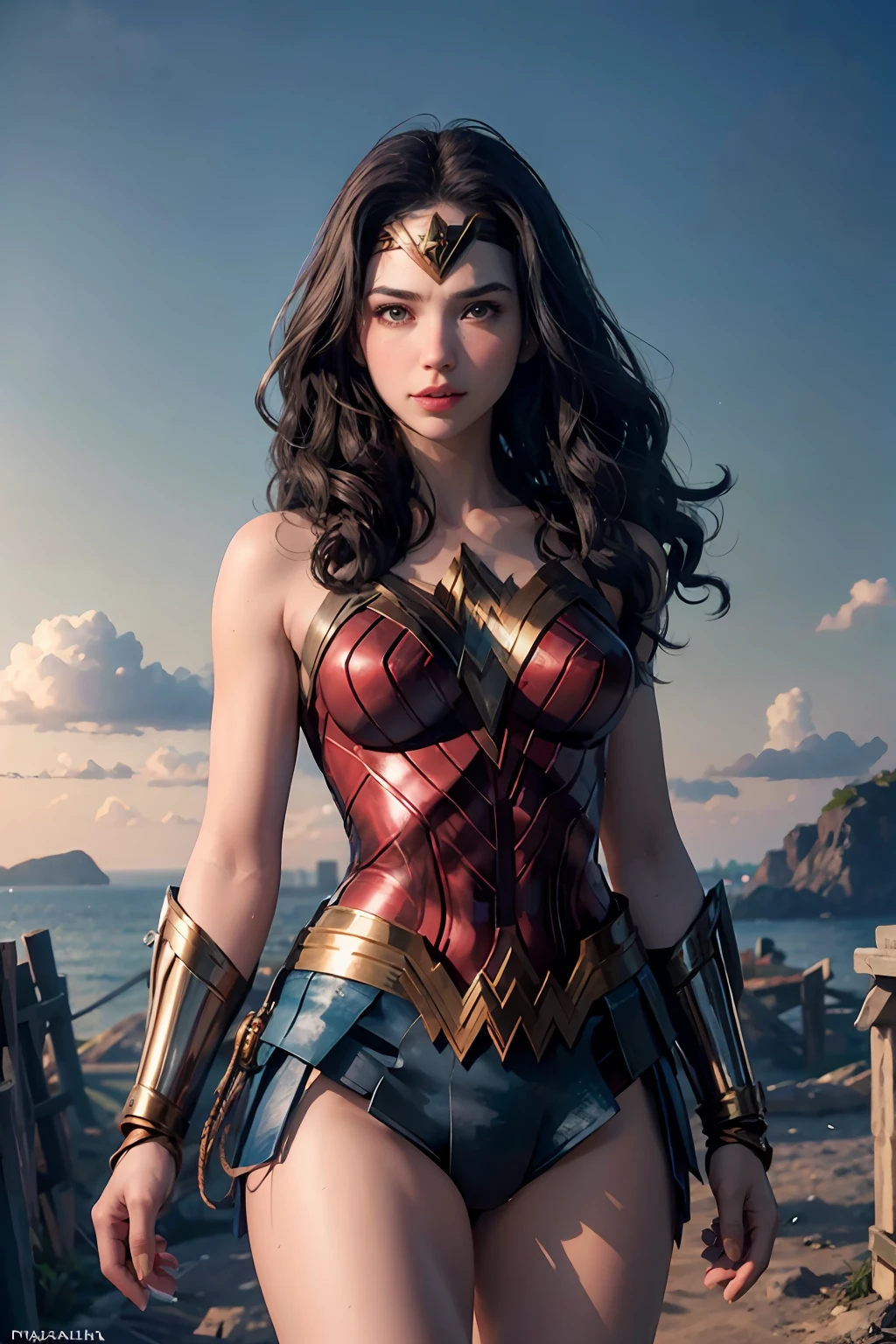 wearing wonder_woman_cosplay_outfit, in front of a sky, 
good hand,4k, high-res, masterpiece, best quality, head:1.3,((Hasselblad photography)), finely detailed skin, sharp focus, (cinematic lighting), night, soft lighting, dynamic angle, [:(detailed face:1.2):0.2], medium breasts, outside,