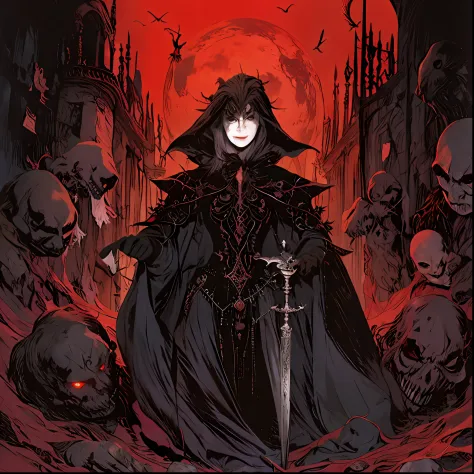 uma foto tirada de um livro de cor escura com um fundo vermelho, castlevania, castlevania inspirado, senhor vampiro, o vampiro, ...