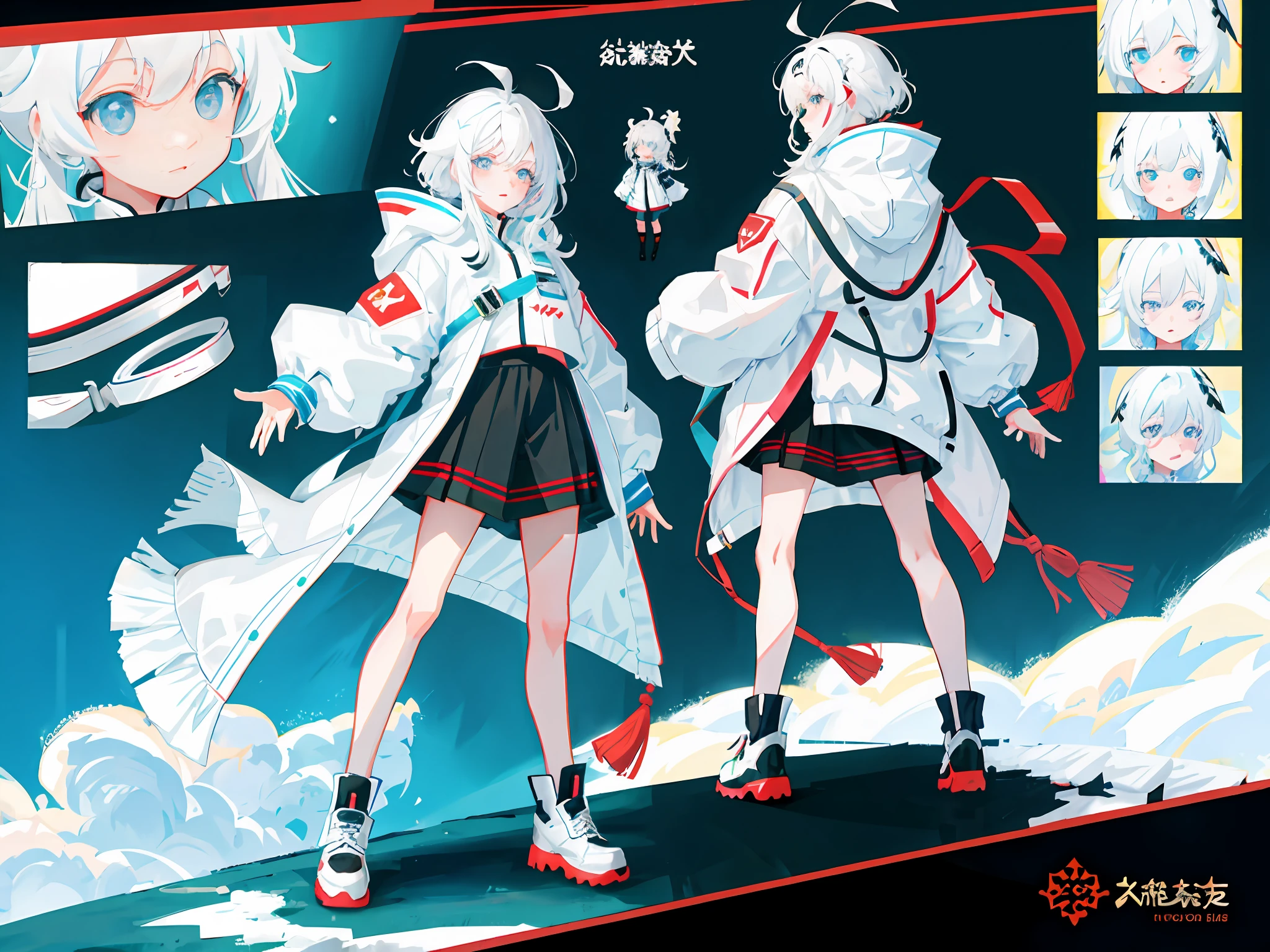 highr， Snowman padded jacket，White color hair，White eyes，standing on your feet，assault rifle，Chinese girl design，Genshin detailed art，Anime character design，anime concept art，pretty anime character design，anime character reference sheet，[character  design]，