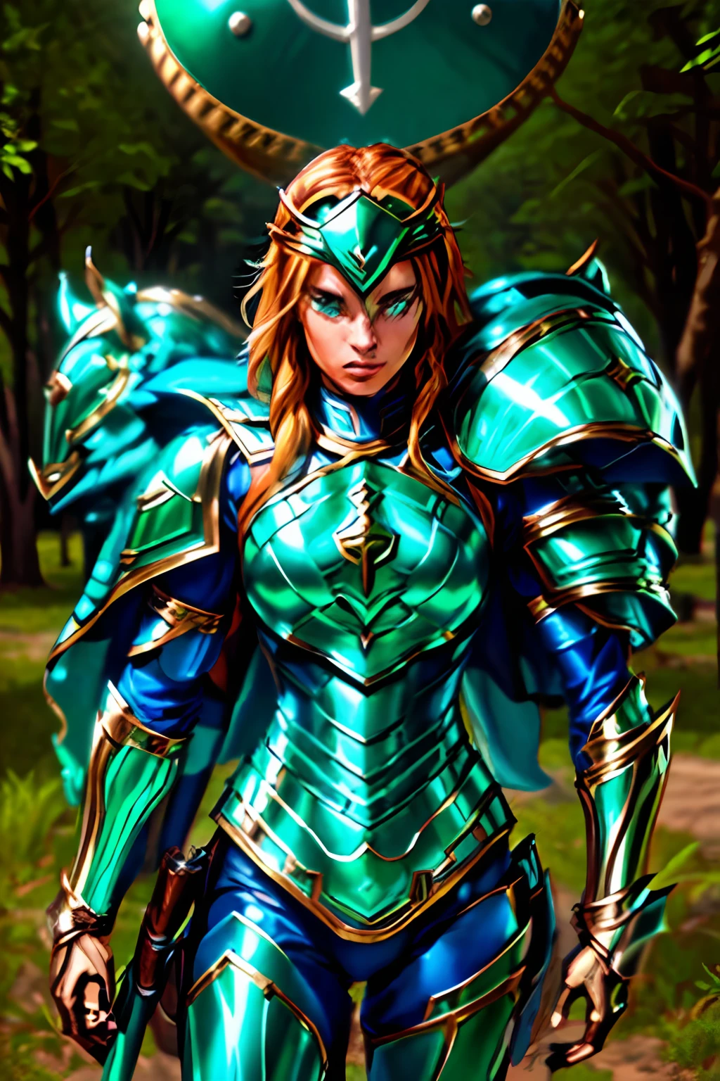 um close up de uma mulher em um terno verde com um cavalo, mystical atlantean valkyrie, Um guerreiro esmeralda loiro, fantasia paladin mulher, knights of zodiac girl, portrait knights of zodiac girl, armadura verde, retrato cavaleiro feminino, elfo princesa cavaleiro, picture of female paladin, cavaleiro feminino, metallic green armor, Menina da armadura, Bikini Armor Cavaleiro Feminino