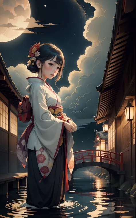 ukiyoe painting、ink and watercolor painting、flowingwater、Flowing clouds、a moon、kabuki、Girl in kimono standing on bridge、Kimono、Katsushika Hokusai、Gorgeous、gold foil
