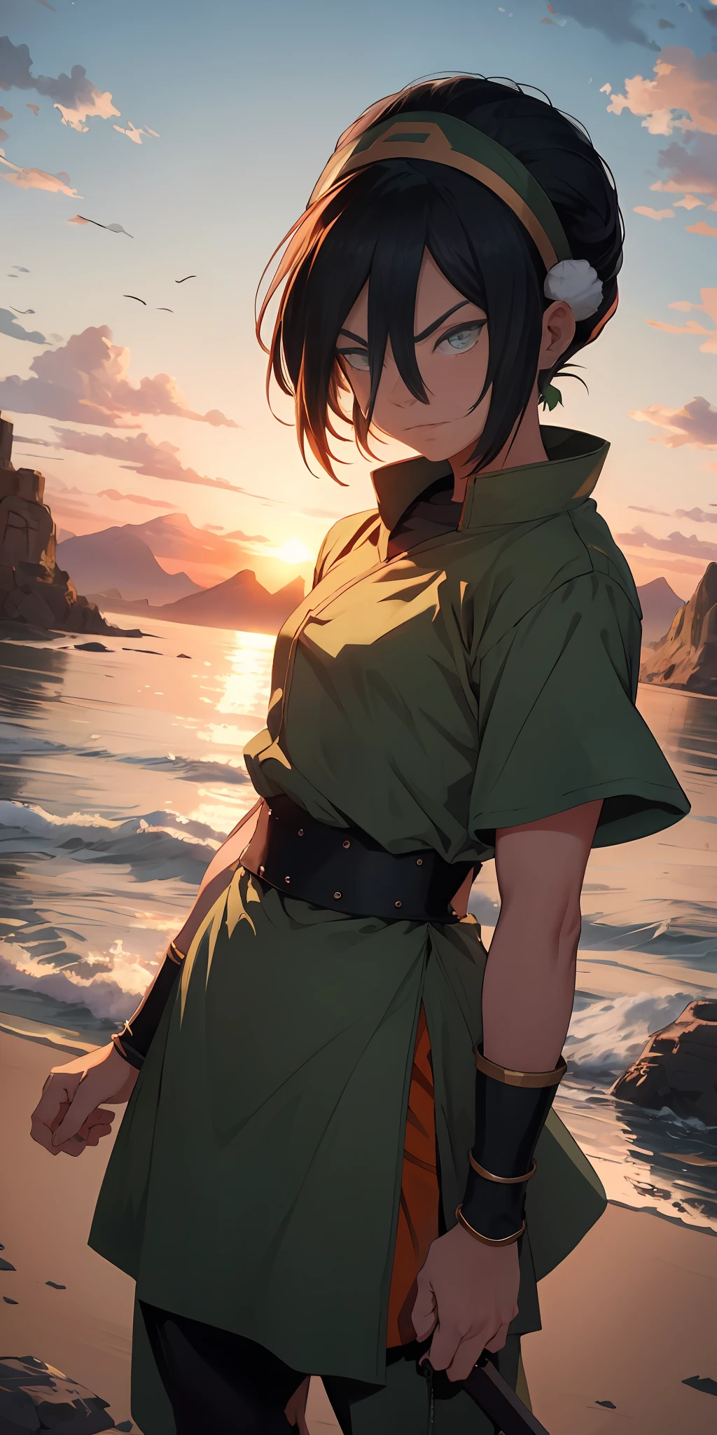 absurd resolution, alta resolução, (obra-prima: 1.4), ultra-detalhado,Monte uma imagem de um wallpaper com Toph Beifong, a poderosa dobradora de terra de olhos cegos, displaying his formidable determination as he bends towering mountains and creates artistically carved waves of earth, with an orange sunset painting the sky in the background, Perfect hand proportions 4 fingers and a thumb