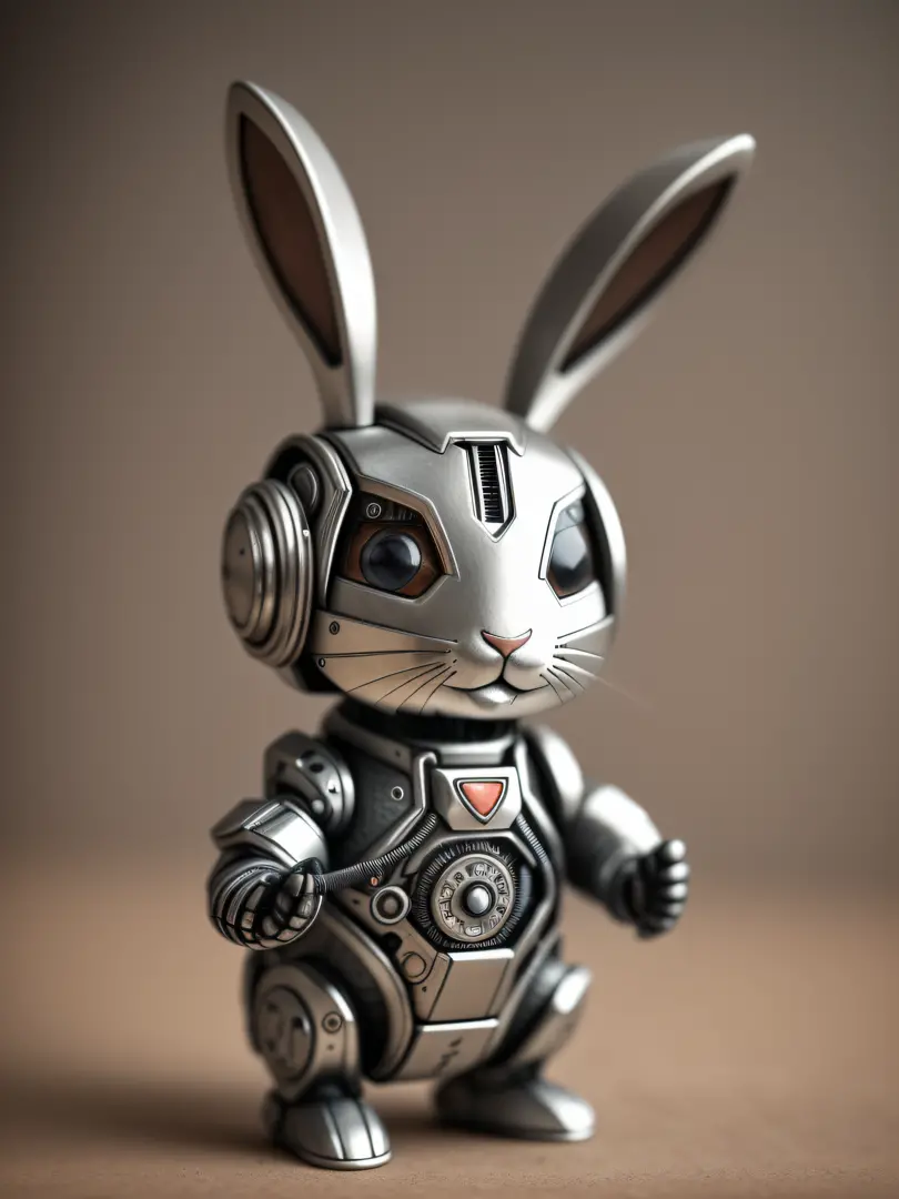 A cute bunny made of metal, (cyborg: 1.1), ([tail | detailed wire]: 1.3), (intricate detail), hdr, (hyperdetailed: 1.2), cinematic lens, vignette, centered