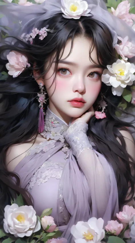 1 girl, upper body portrait close-up, black hair, flowing hair, hazy beauty, extremely beautiful facial features, purple embroidered dress, hairpin on head, lying in a flower bush, hands on the face, perfect anatomy, white flowers, (spring, rainy days, ter...