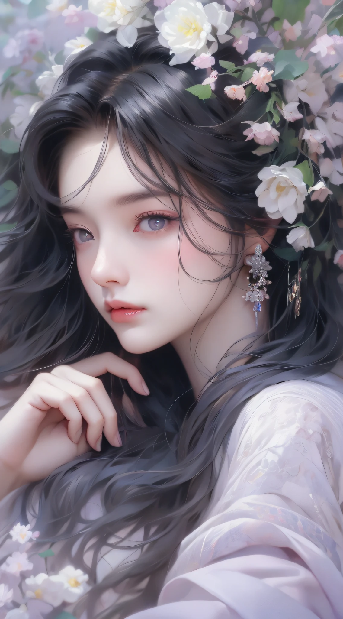 1 girl, upper body portrait close-up, black hair, flowing hair, hazy beauty, extremely beautiful facial features, purple embroidered dress, hairpin on head, lying in a flower bush, hands on the face, perfect anatomy, white flowers, (spring, rainy days, terraces, mountains), simple vector art, contemporary Chinese art, soft light, entangled scarf, looking down