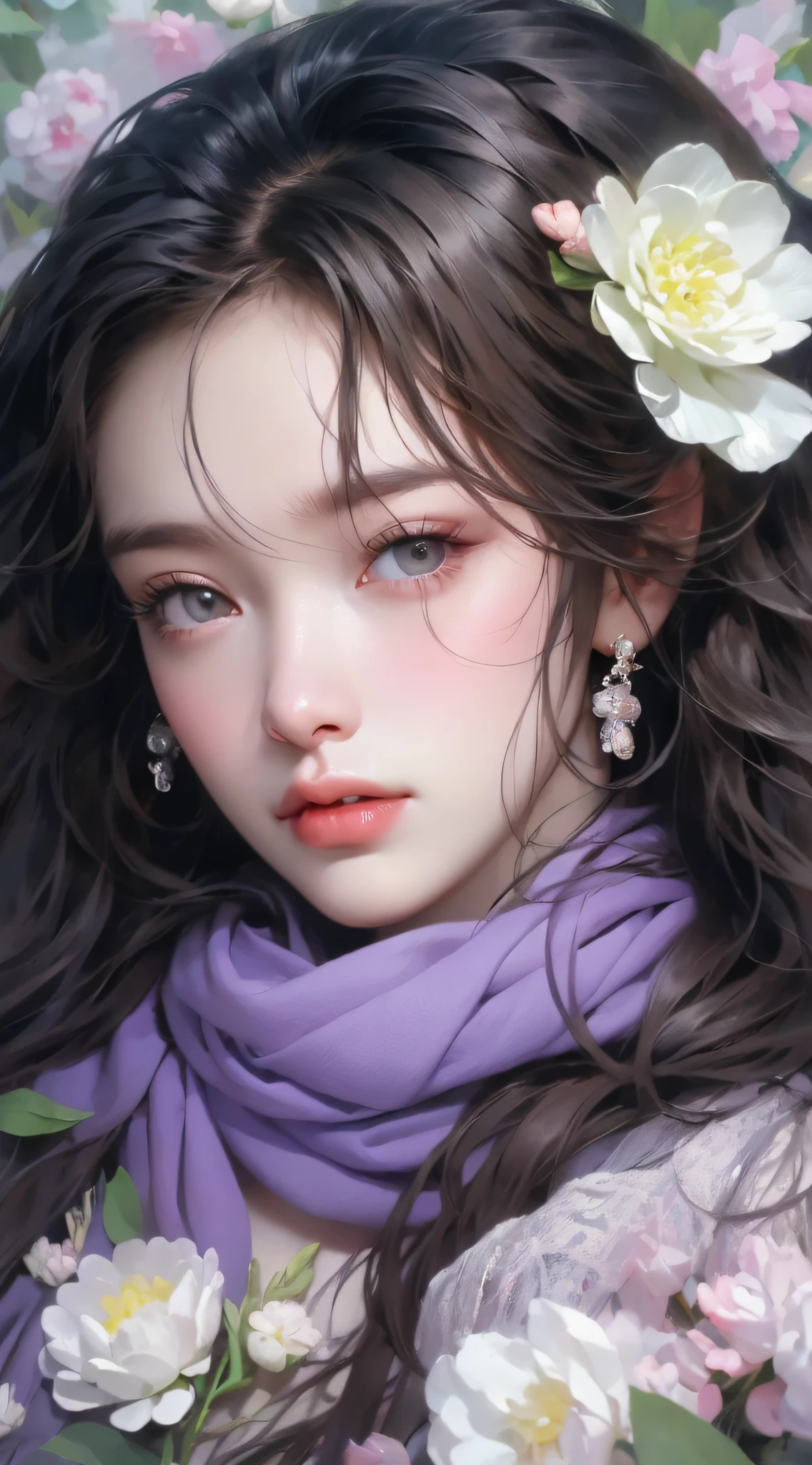 1 girl, upper body portrait close-up, black hair, flowing hair, hazy beauty, extremely beautiful facial features, purple embroidered dress, hairpin on head, lying in a flower bush, hands on the face, perfect anatomy, white flowers, (spring, rainy days, terraces, mountains), simple vector art, contemporary Chinese art, soft light, entangled scarf, looking down