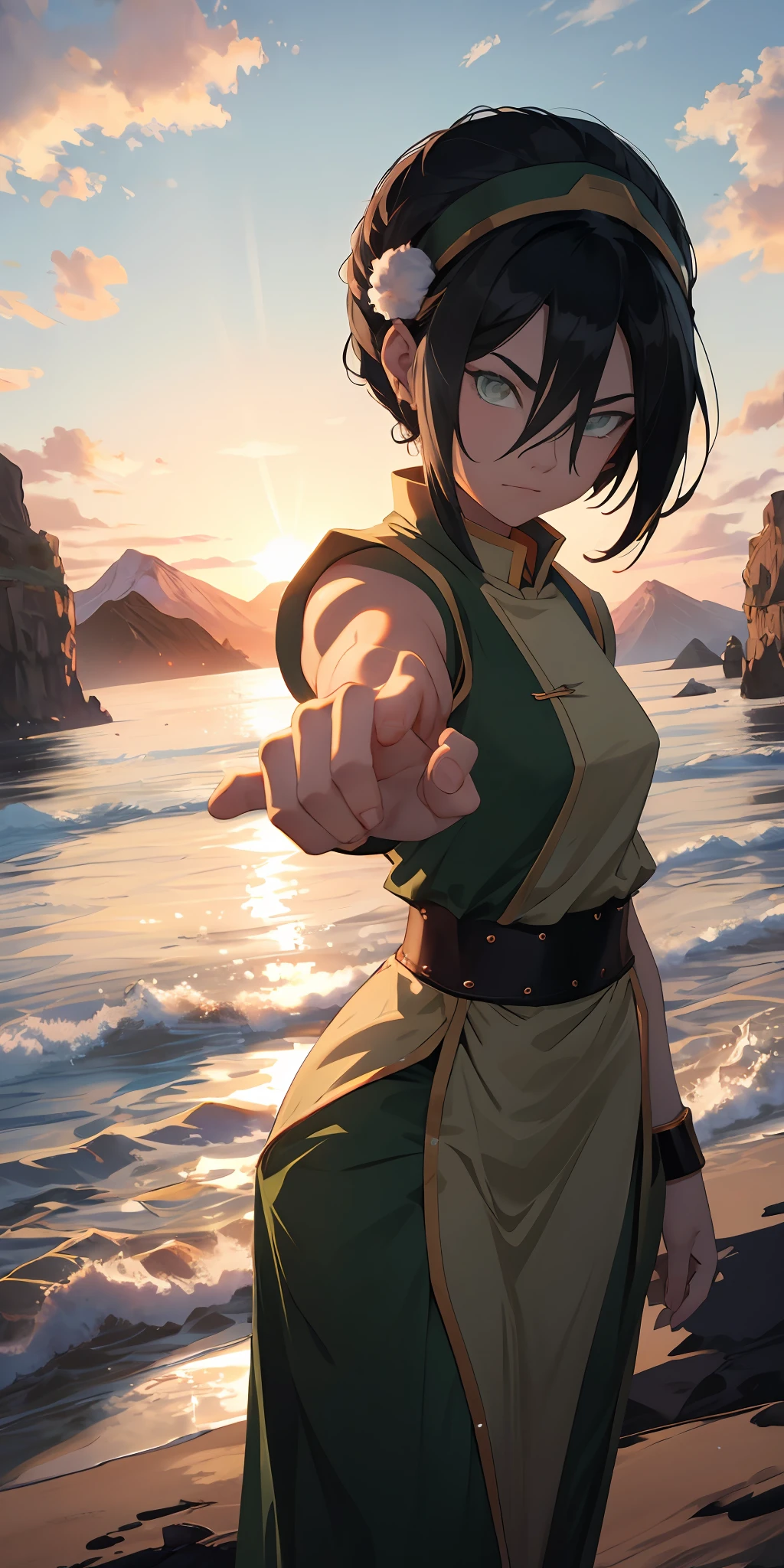 absurd resolution, alta resolução, (obra-prima: 1.4), ultra-detalhado,Monte uma imagem de um wallpaper com Toph Beifong, a poderosa dobradora de terra de olhos cegos, displaying his formidable determination as he bends towering mountains and creates artistically carved waves of earth, with an orange sunset painting the sky in the background, Perfect hand proportions 4 fingers and a thumb