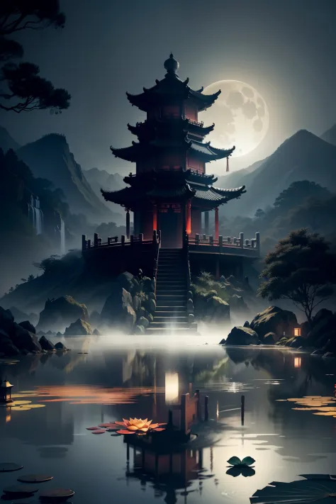 scenery,hell, Hellbringers,Chinese martial arts style,Asian night view with lanterns and water lilies,Asian pond with many lanterns and boats for a night view，There are many lights and boats in the water, Lake surface, lotuses,beautiful night scene,(((Chin...