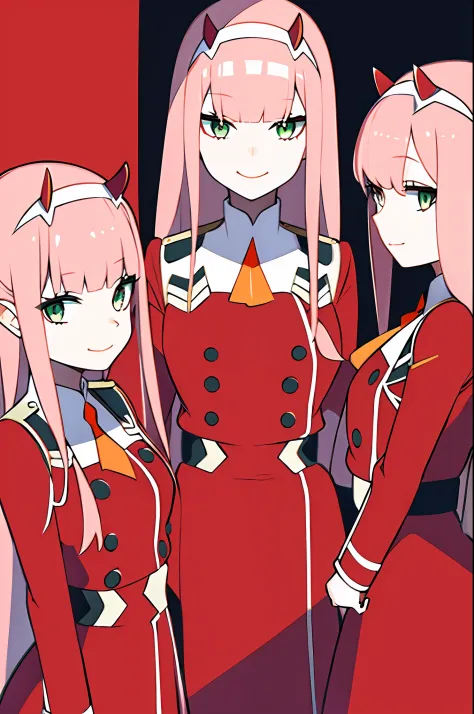 zero two \(darling in the franxx\), darling in the franxx, 3girls, ascot, bangs, blue background, green eyes, hairband, horns, l...