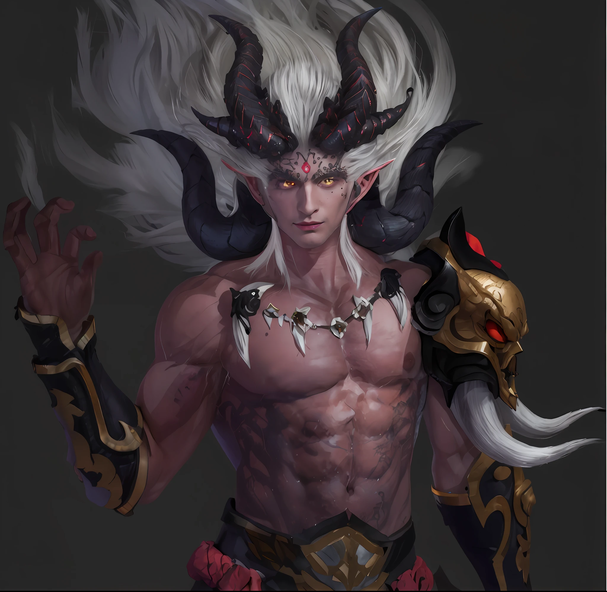 A close-up of a male character with horned head and horns, Suitable for white-haired banshees,Corner of magma material，Heavy beast head and shoulder blades，Magma-eyed animal head and shoulder blades，Bracers， human male demon, djinn man male demon, demon male, male djinn man demon hybrid, demon soul concept art, portrait demon half human, man male demon, demon noble character design, Demon Lord, the former demon king，China-style，White-haired god, painted in the style arcane, Male characters，Delicate belt，China-style，Chinese-style clothing，Refinement，Fine painting，Refinement，infinite details，high definition detail，Patterned，Animal tattoos，Blank background，Bright colors，Metal edging