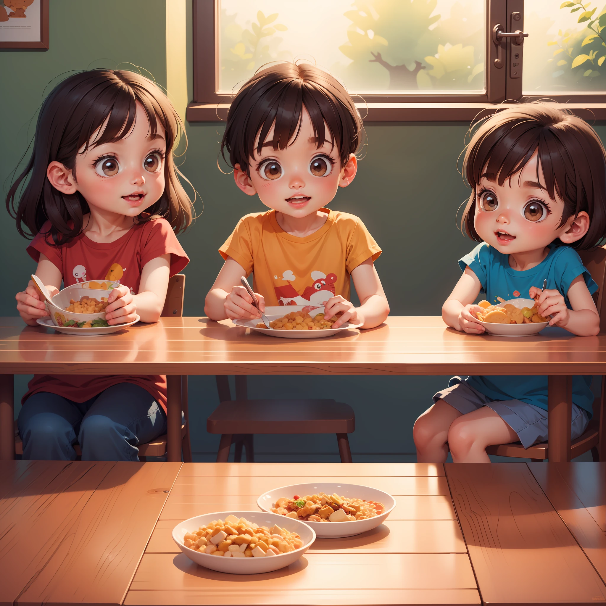 Duas crianças comendo juntas à mesa,  Flat ilustração dos desenhos animados, cereal , ilustração dos desenhos animados, ilustração de livro infantil,  detailed ilustração 2D, ilustração comercial,  ilustração de livro infantil, ilustração colorida, ilustração 2D
