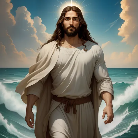 A beautiful ultra-thin realistic portrait of Jesus, the prophet, a man 35 years old Hebrew brunette, short brown hair, long brown beard, with, Helping People , wearing long linen tunic closed on the chest part, in front view, full body, biblical, realistic...