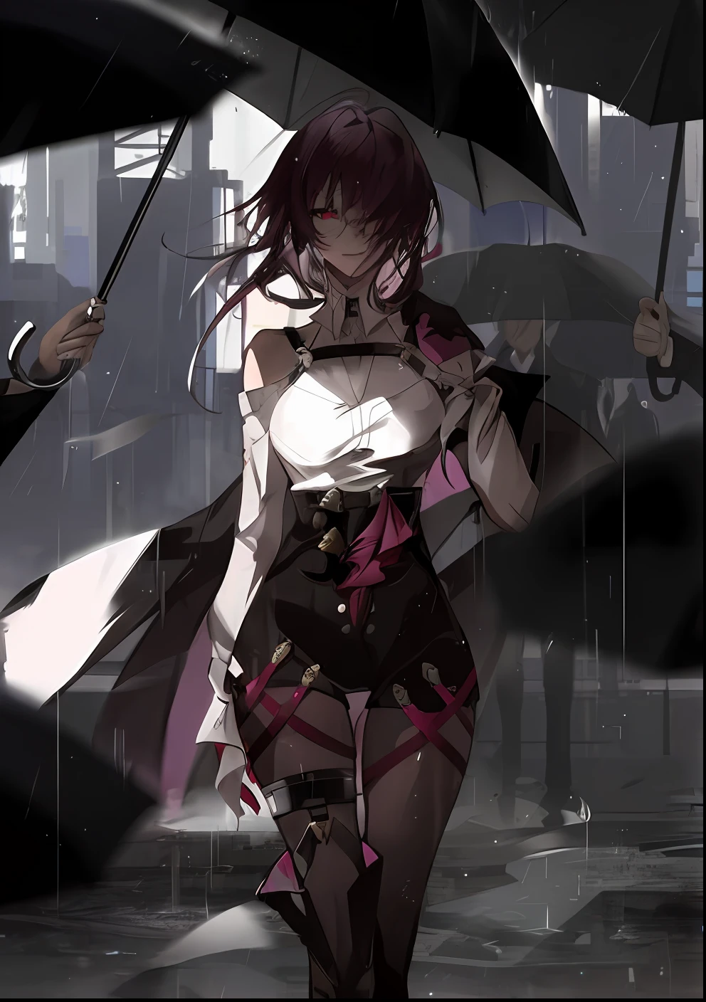 ((best quality))，((cyberpunk anime art)),((Anime cyberpunk moderno)), ((Konachan wallpaper), (4K)), ((Purple colored hair), (a black skirt)), under rain, umbrellas