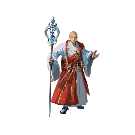 Close-up of cartoon character with staff and sword, picture of a male cleric, Taoist, concept art of a monk, cleric, t-pose of wizard, t-pose of male magic wizard, full body picture of a male monk, male wizard, monk, old male archmage, ancient japanese mon...