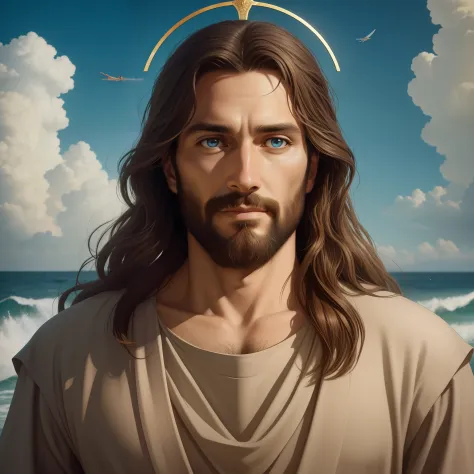 A beautiful ultra-thin realistic portrait of Jesus, the prophet, a man 35 years old Hebrew brunette, short brown hair, perfect real blue eyes, long brown beard, with, Helping People , wearing long linen tunic closed on the chest part, in front view, full b...