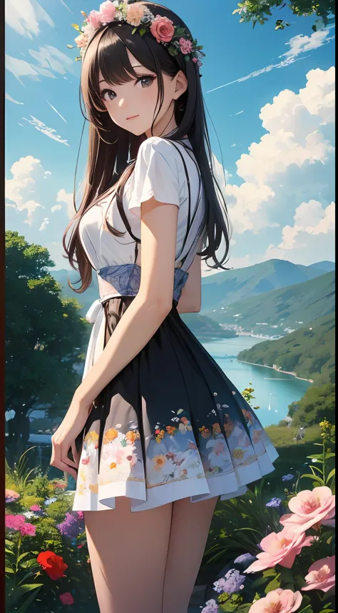 （Close-up of the painting style，8k ultra high definition，Masterpiece grade vista CG wallpaper），Beautiful skyline，Magnificent sky，美丽细致的眼睛，cute girly，Perfect slim body，shift dresses，Pure eyes，The skin is smooth like a baby，Stand on a high cliff，Overlooking t...