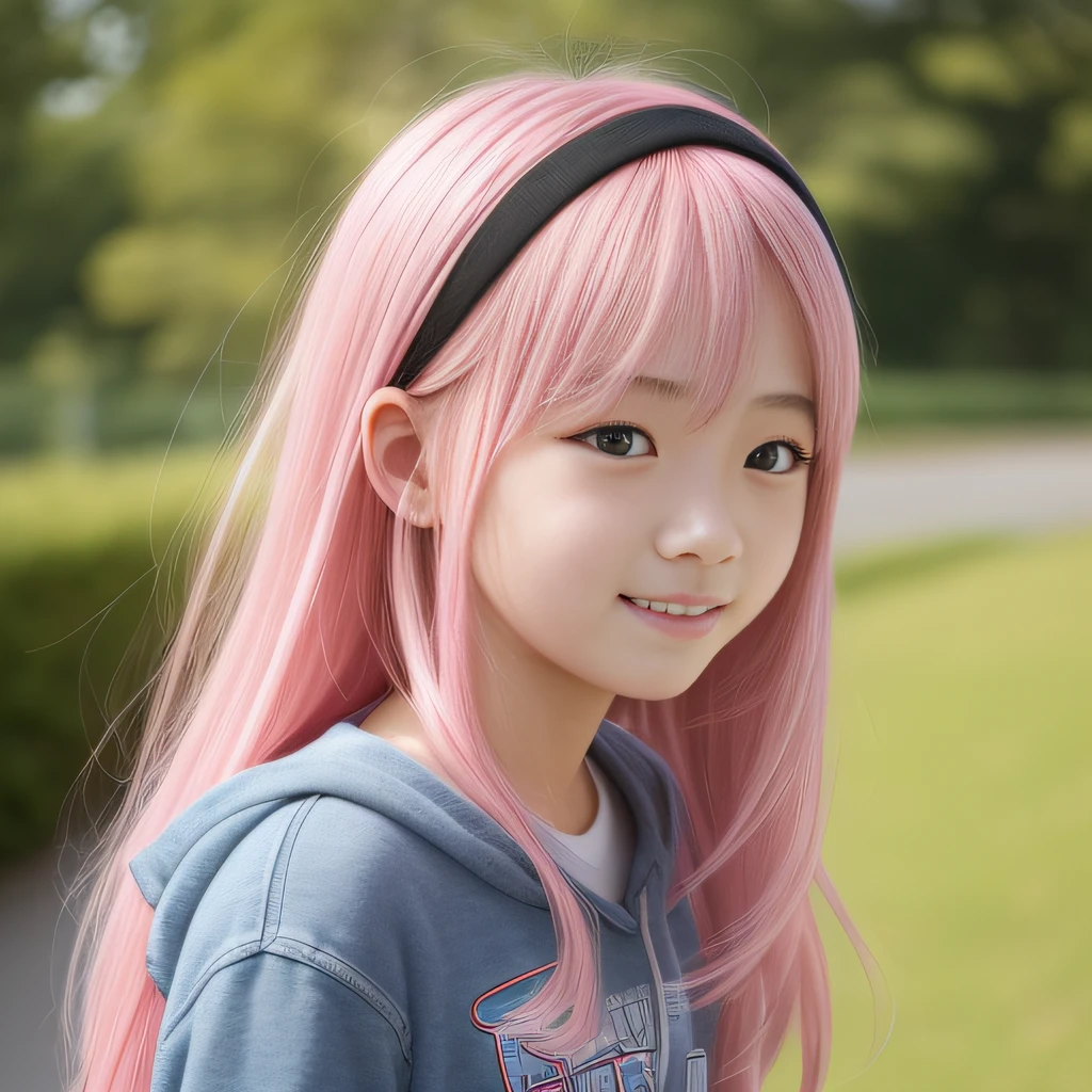 A pink-haired、length hair、a junior high school student、kawaii、childish、Straight、faces、The upper part of the body。Forward-facing