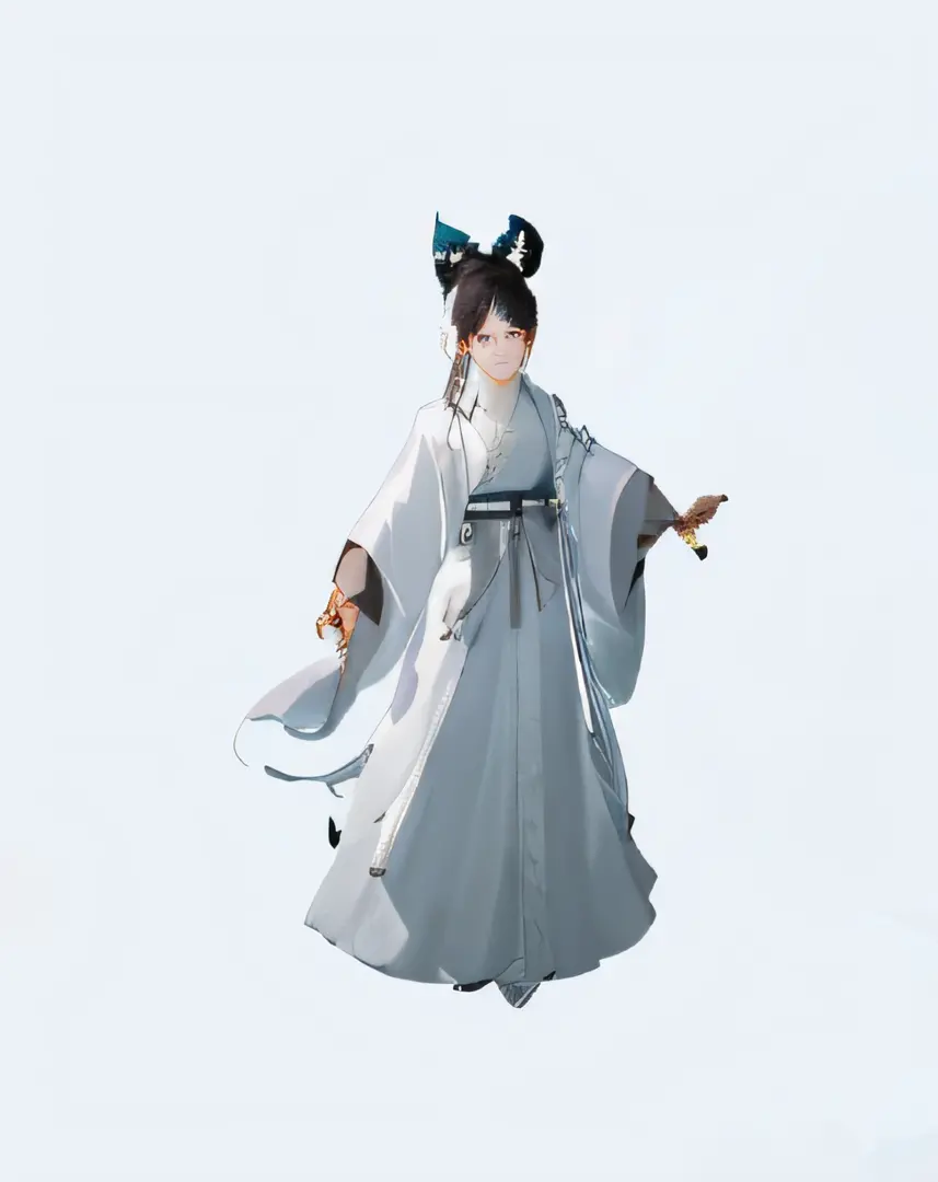Allard woman in a white dress and black hat with horns, flowing magical robe, full-body xianxia, lunar themed attire, flowing robe, cotton cloud mage robes, White Hanfu, dressed with long fluent clothes, Palace ， A girl in Hanfu, Chinese costume, Flowing r...