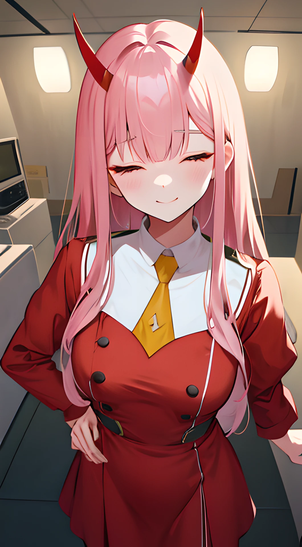 Zerotwo\（Dear in Franks\）， Dear in Franks， 1girll， By bangs， nip， shadowing， long whitr hair， little breast， upper legs， putting makeup on， Red dress with details， a yellow tie， lacepantyhose， closing her eyes， smiling at viewer， pair of small red horns， Pink hair， Red Eyeshadow， Tighten the skin， solo，wink
