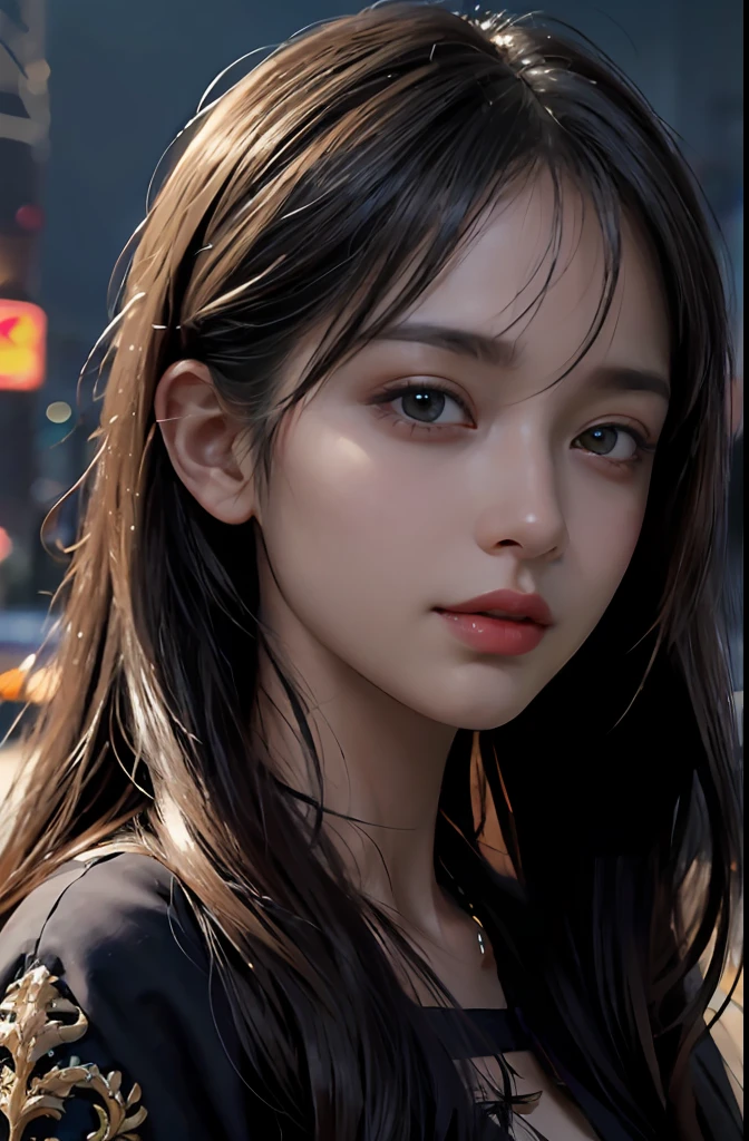 (Ultra Realistic), (Illustration), (Increased Resolution), (8K), (Extremely Detailed), (Best Illustration), (Beautiful and Detailed Eyes), (Best Quality), (Ultra Detailed), (Masterpiece ), ( wallpaper), (detailed face), solo, 1 girl, looking at viewer, fine details, detailed face, in the dark, deep shadows, low key, pureerosfaceace_v1, smiling, long hair, black shawl straight hair , 46 points oblique bangs