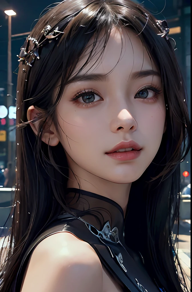 Masterpiece, 1 Beautiful Girl, Detailed, Swollen Eyes, Best Quality, Ultra High Resolution, (Reality: 1.4), Original Photo, 1Girl, Cinematic Lighting, Smiling, Japanese, Asian Beauty, Korean, Neat, Very Beautiful, Slightly Young Face, Beautiful Skin, Slender, Cyberpunk Background, (ultra realistic), (illustration), (high resolution), (8K), (very detailed), (best illustration), (beautifully detailed eyes), (super detailed), (wallpaper), (detailed face), viewer looking, fine details, detailed face, deep shadow, low key, pureerosfaceace_v1, smile, 46 point slanted bangs, facing straight ahead, neat clothes, black colored eyes,
