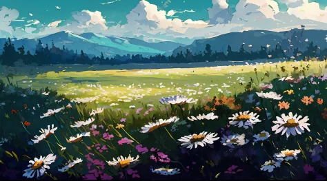 um campo de flores com montanhas no fundo, campo de flores, paisagem pintada, pintura digital de alta qualidade, scenery artwork...