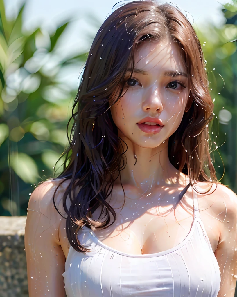 (Best quality, 4k, Masterpiece :1.3), pretty woman, 1girl, sexy :1.1, dark brown hair: 1.1, (rainy wet, wet from rain, wet body :1.2), white tank tops, ultra-detailed face, detailed lips, detailed eyes, double eyelid