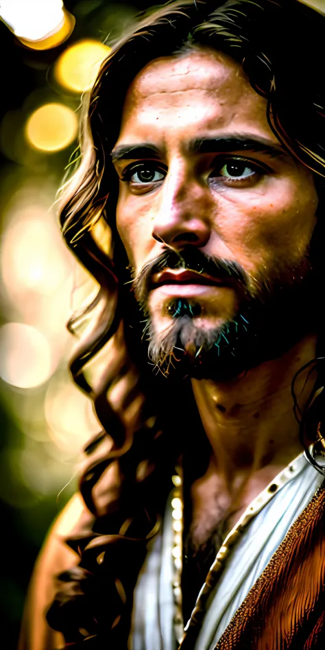 portrait of Jesus Christ cinematic lighting, profundidade de campo, Bokeh, Realismo, fotorrealista, hiper-realismo, fotografia profissional, UHD, DSLR, HDR olhando para nos