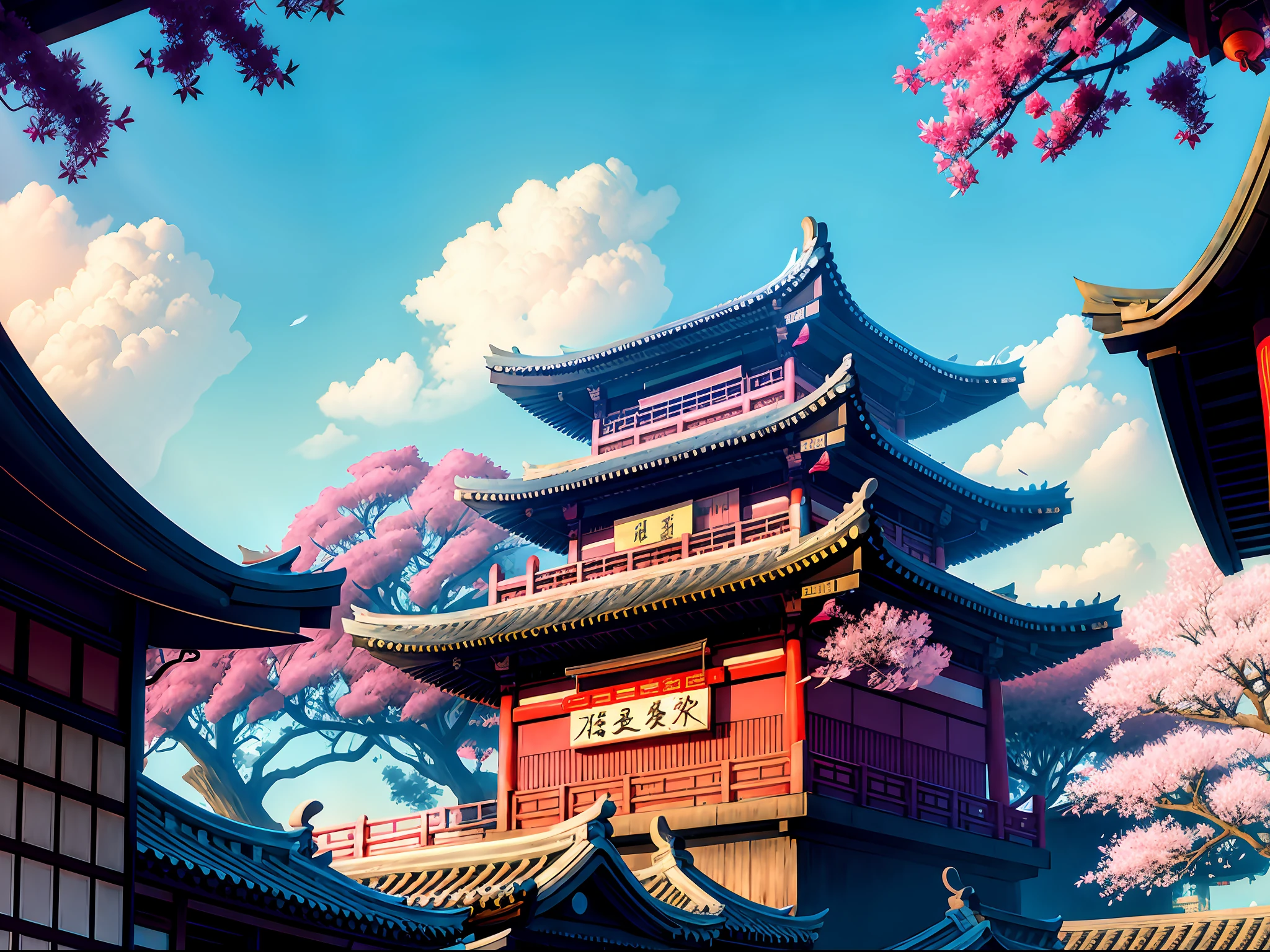 /imagine prompt: a skyline view of china town, chinese architecture, japanese style roofs, pink leaves flowing in the wind, subscattering of branches, anime style, 4k, ultra detailed, digital art, fantasy world design: Fantasy creative: true negative_prompt: random object, poorly drawn, grainy, oversaturated, random lines, overuse of colurs, out of frame, bad, boring, poor detail width: 768 height: 512 style: 3