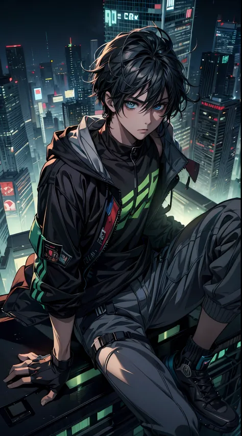 anime boy sitting on a ledge in a city at night, digital cyberpunk anime art, anime cyberpunk art, cyberpunk anime art, modern c...