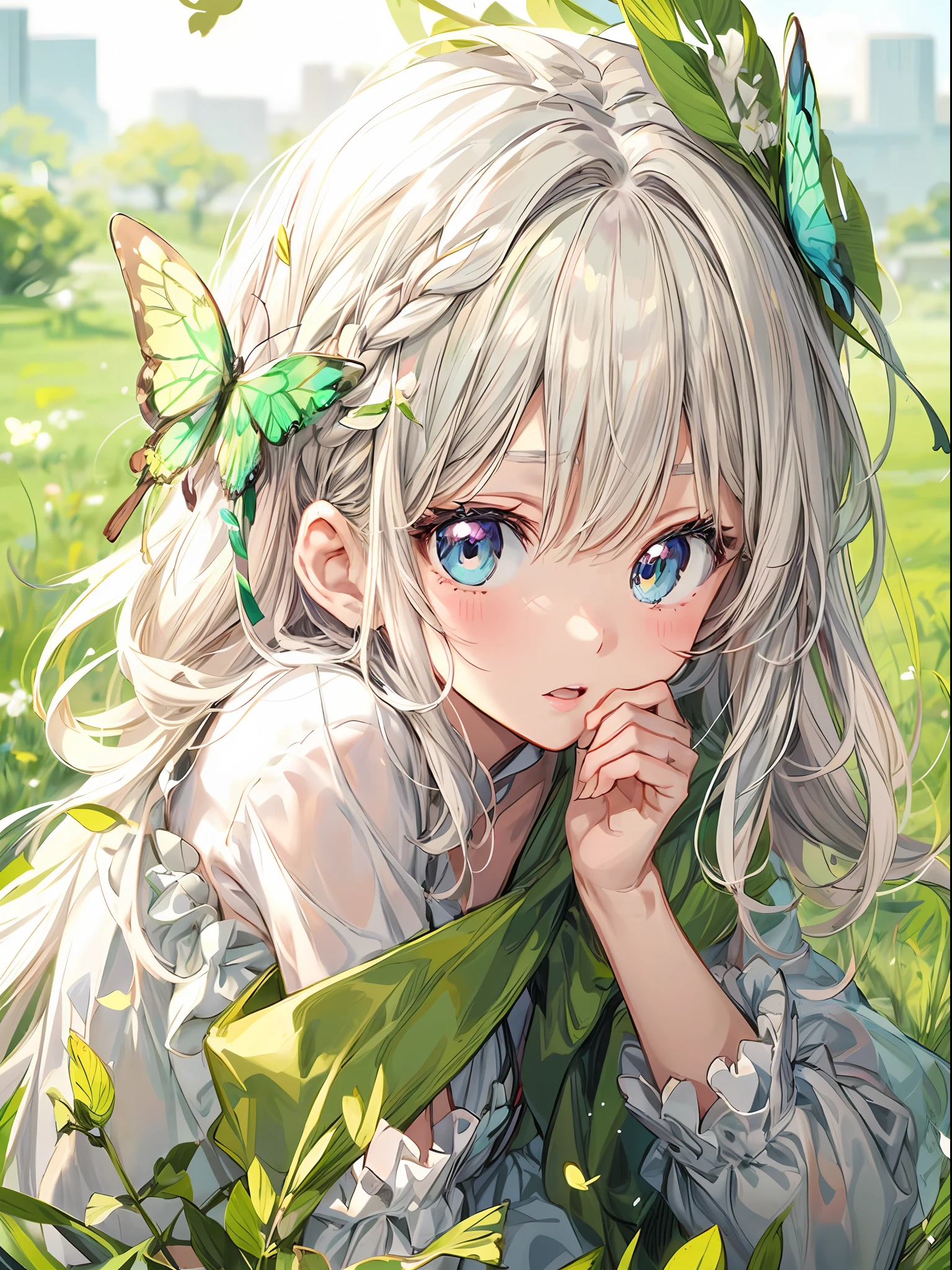 Anime girl with butterfly hair and blue eyes sitting in a field - SeaArt AI