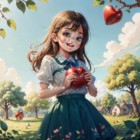 girl very happy holding the heart, the apple tree at the behind with the beautiful blue sky and warm sunlight.