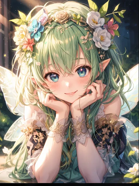 anime girl with green hair and flower crown, smiling as a queen of fairies, elf girl wearing an flower suit, elf girl, beautiful anime portrait, elf princess, anime visual of a cute girl, portrait of a fairy, detailed digital anime art, clean detailed anim...