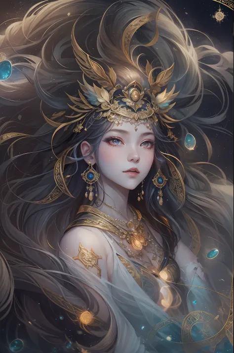 ((Best quality)), ((Masterpiece)), ((Realistic)), Portrait, 1boy, Celestial, deity, Goddess, Light particles, Halo, view the viewer, (Bio-luminescence:0.95) 火焰，Bio-luminescence，fenghuang，with dynamism，Colorful，colours，（with light glowing，with light glowing...