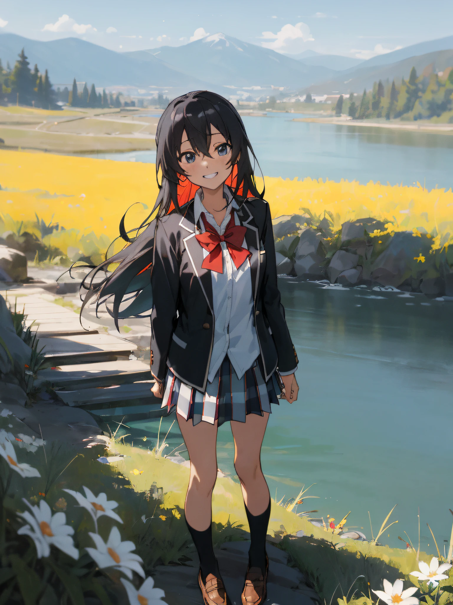 ((masterpiece,best quality)),1girl, yukinoshita yukino, long black hair, light blue eyes, flower, lake, blue sky, looking at viewer, sunshine, mountain, sobu high school uniform, black blazer, open jacket, white shirt, shirt over skirt, plaid skirt, red bow tie, black socks, loafer, grin, full body